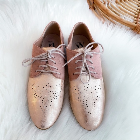 Anthropologie Vanessa Wu Metallic Oxford Loafers Rose Gold Leather Suede Lace Up - Picture 4 of 15